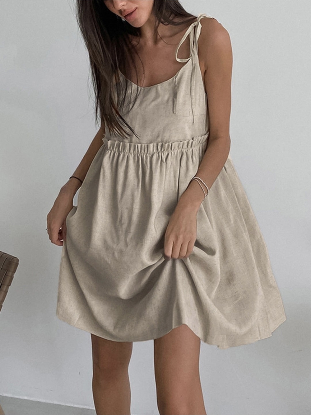 Commense Tie-Shoulder Mini Dress in Beige
